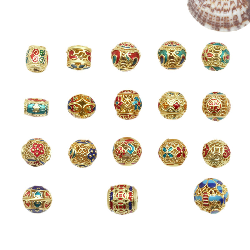 Ancient Golden Sand Gold Enamel Baked Blue Dripping Oil Through-hole Round Beads Bucket