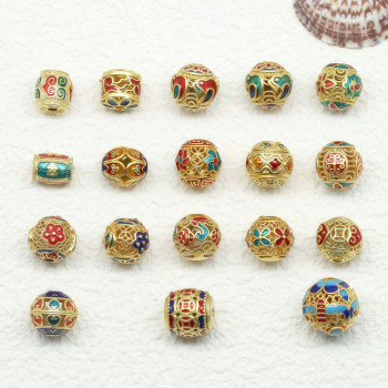 Ancient Golden Sand Gold Enamel Baked Blue Dripping Oil Through-hole Round Beads Bucket