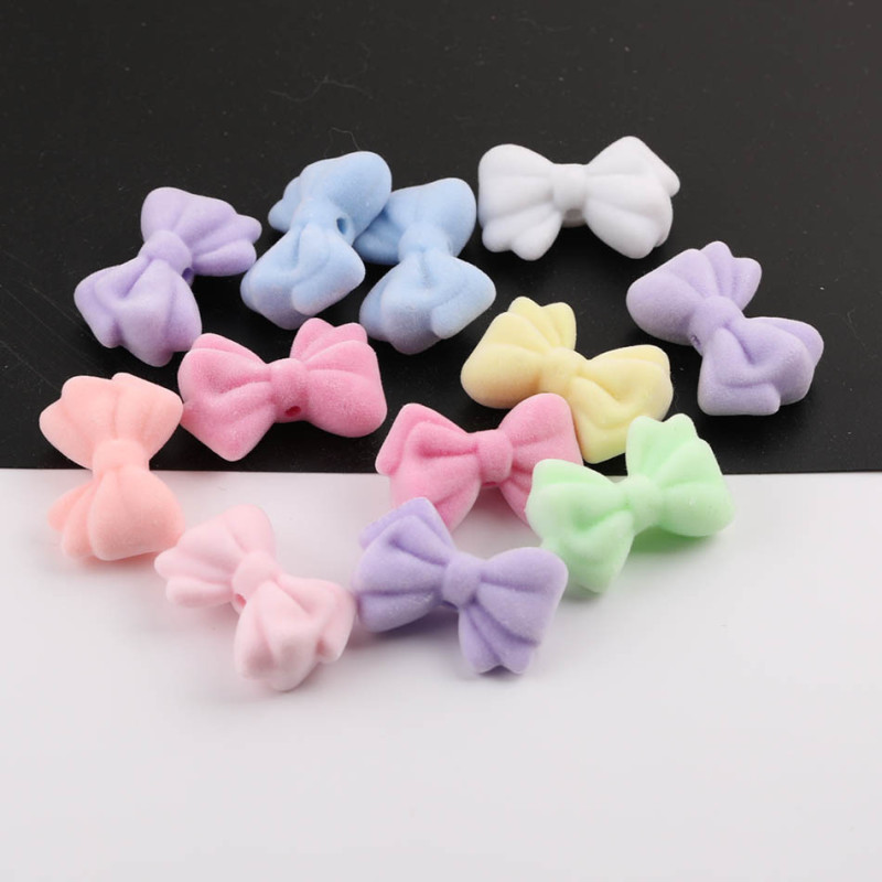 Macaron Color Three-dimensional Star Round Bead Bow Flocking Straight Hole Loose Handmade