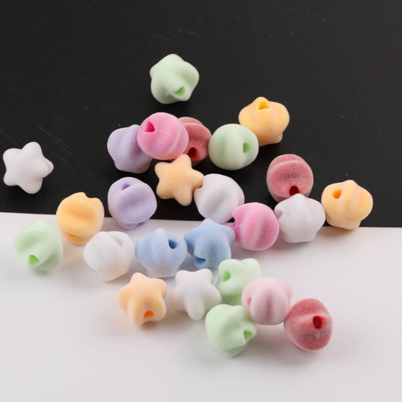 Macaron Color Three-dimensional Star Round Bead Bow Flocking Straight Hole Loose Handmade