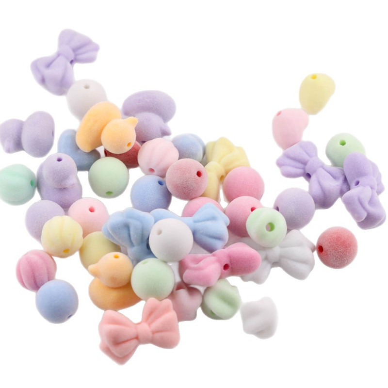 Macaron Color Three-dimensional Star Round Bead Bow Flocking Straight Hole Loose Handmade