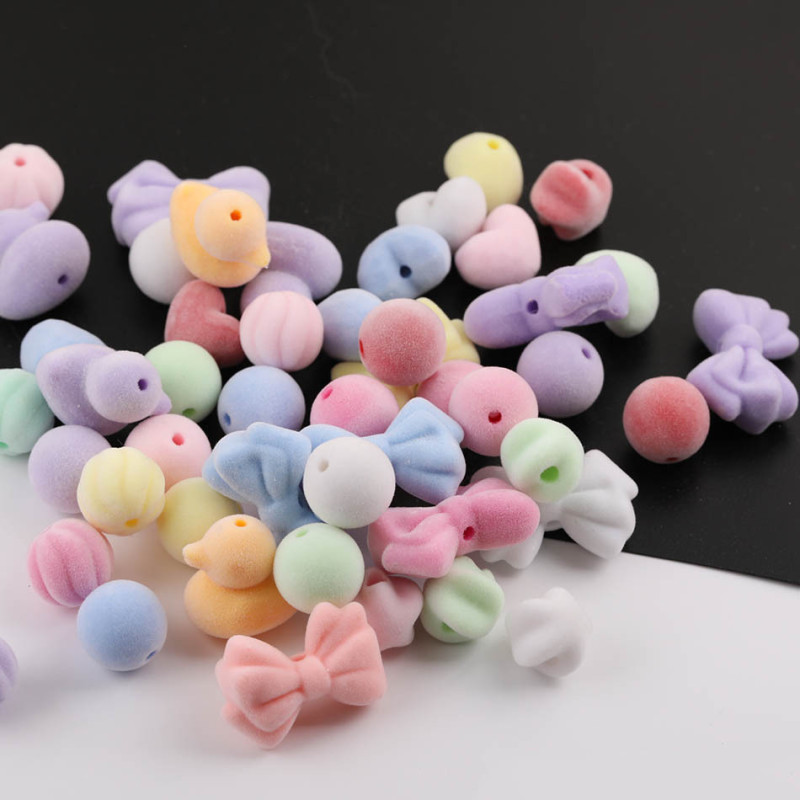 Macaron Color Three-dimensional Star Round Bead Bow Flocking Straight Hole Loose Handmade