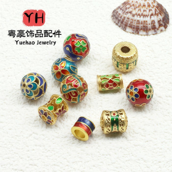 Ancient Golden Sand Gold Enamel Baked Blue Dripping Oil Through-hole Round Beads Bucket