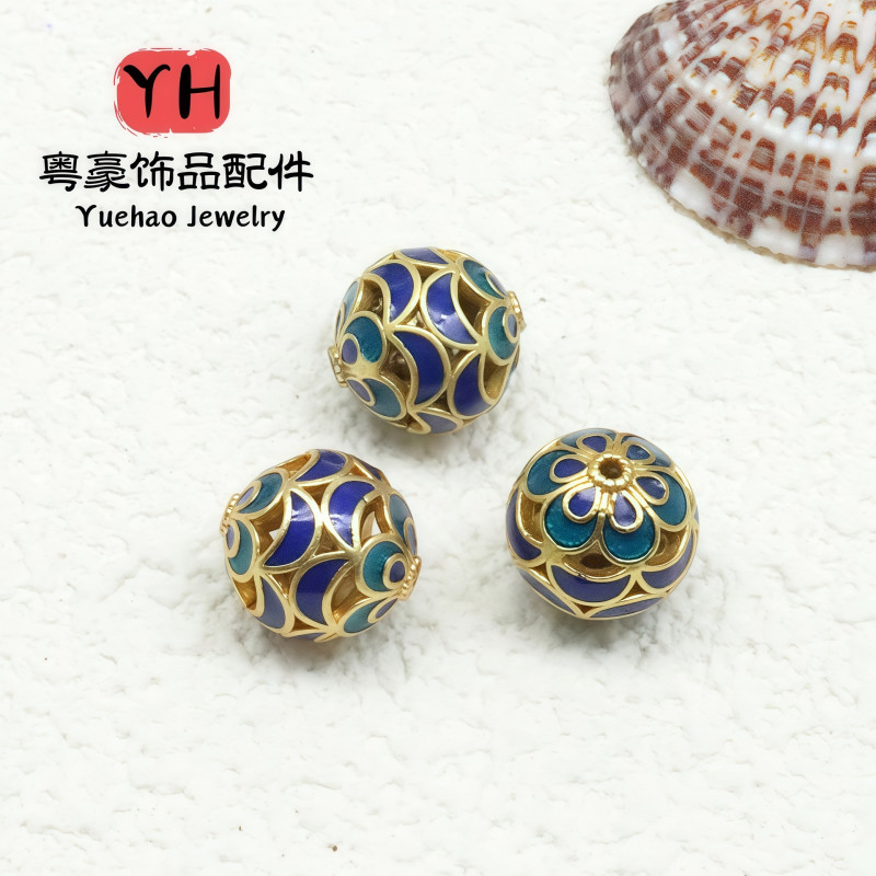 Ancient Golden Sand Gold Enamel Baked Blue Dripping Oil Through-hole Round Beads Bucket