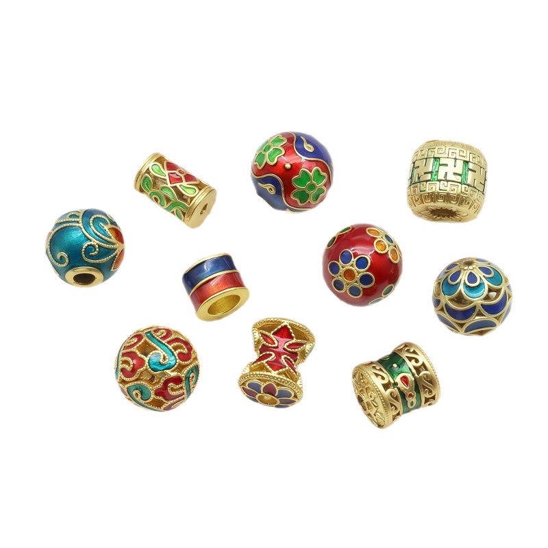 Ancient Golden Sand Gold Enamel Baked Blue Dripping Oil Through-hole Round Beads Bucket