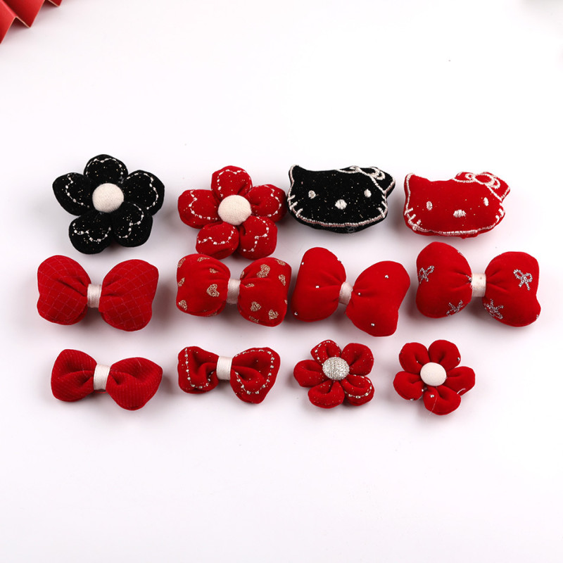 National Style Red Fabric Filled Cotton Three-dimensional Bow Flower Plaid Accessories
