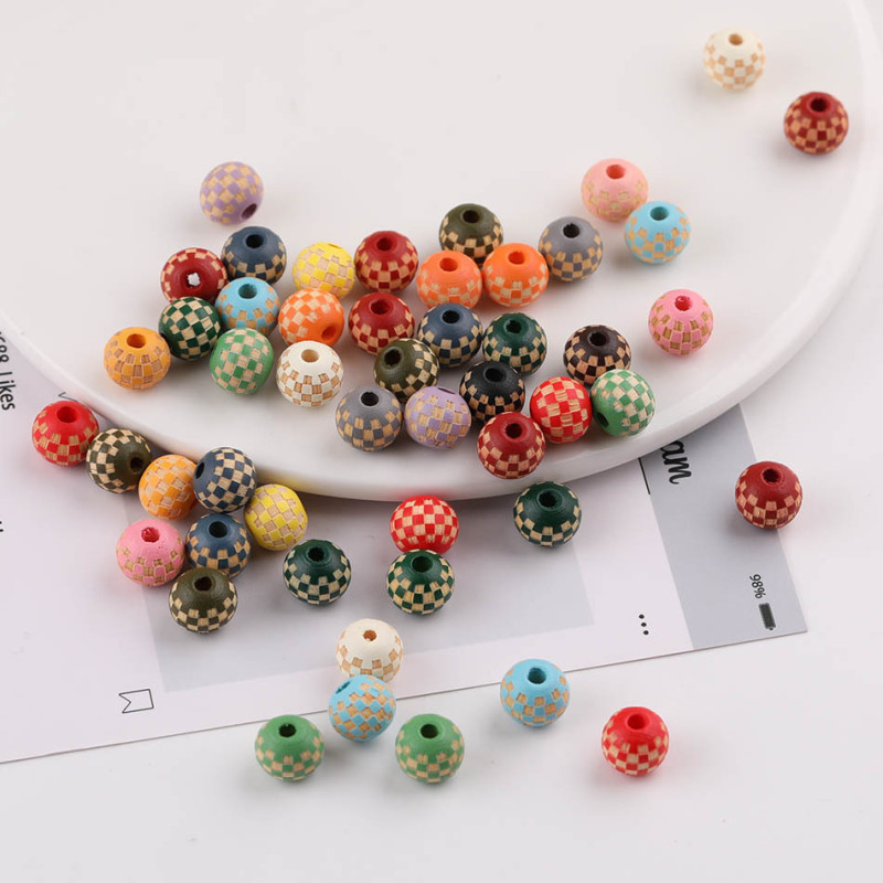 10mm Colorful Round Beads Diamond Plaid Leopard Print Carved Wooden Loose Diy Handmade
