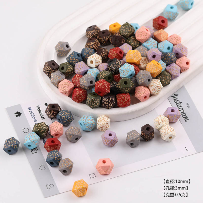 10mm Colorful Round Beads Diamond Plaid Leopard Print Carved Wooden Loose Diy Handmade