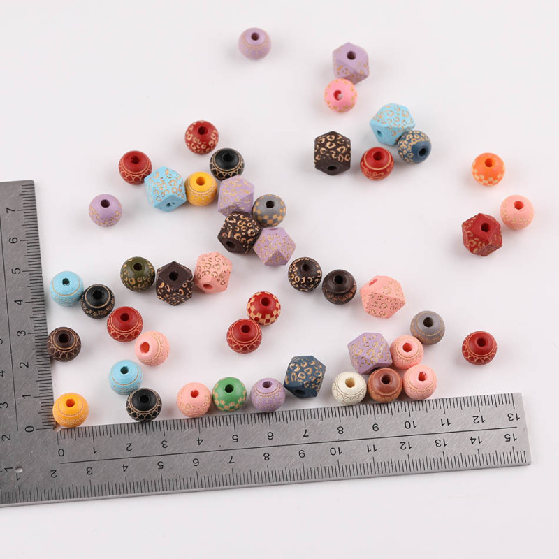 10mm Colorful Round Beads Diamond Plaid Leopard Print Carved Wooden Loose Diy Handmade