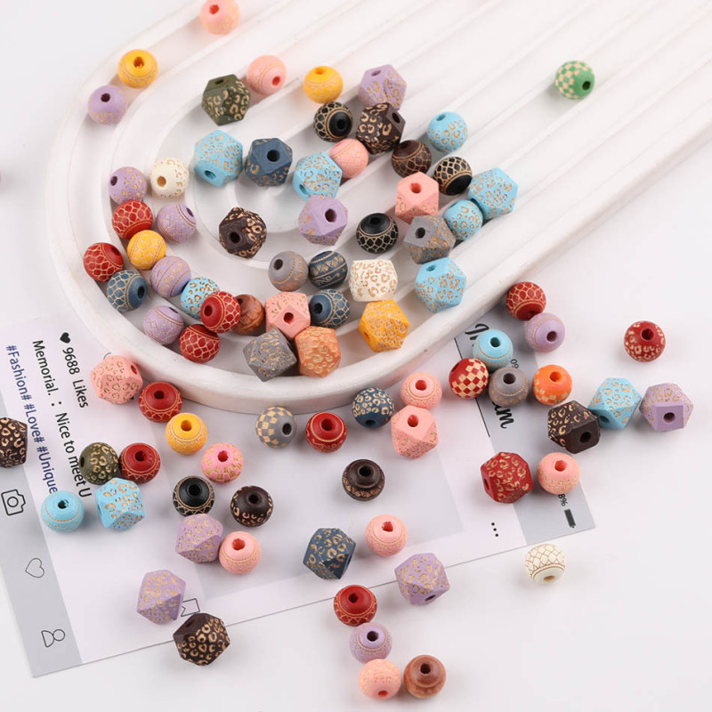 10mm Colorful Round Beads Diamond Plaid Leopard Print Carved Wooden Loose Diy Handmade