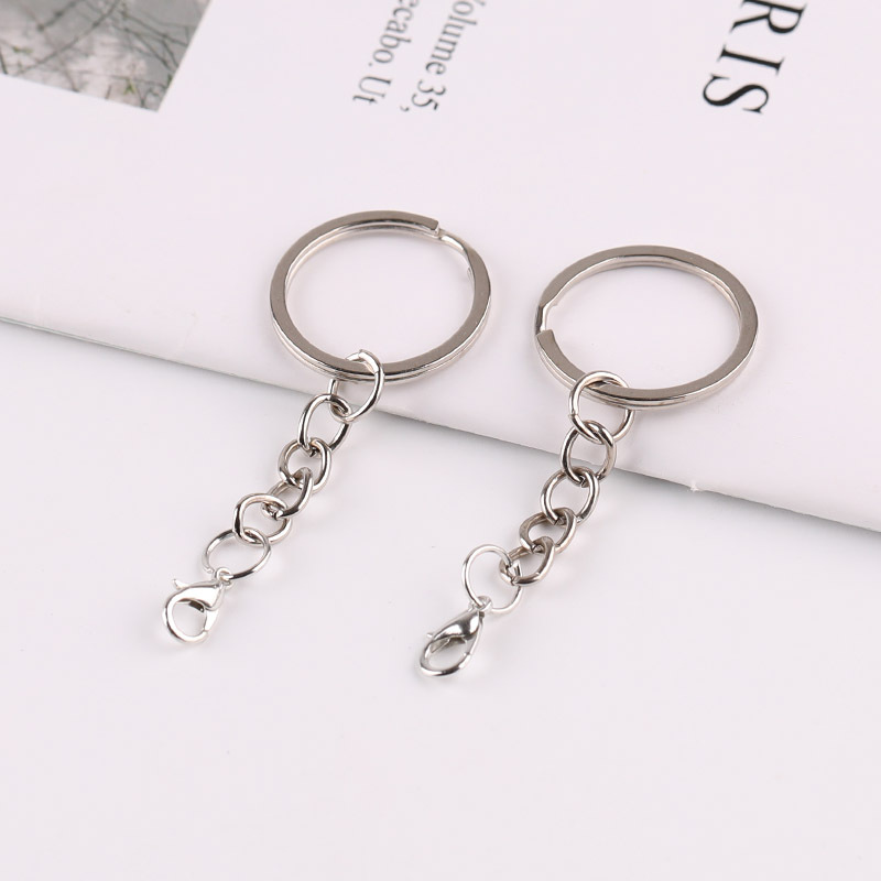 25mm Metal Flat Ring Keychain with Four-section Chain Lobster Buckle Diy Doll Accessories