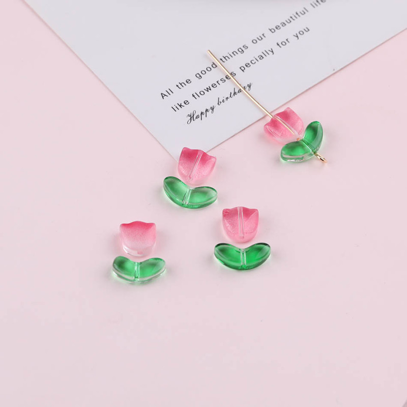 Colorful Transparent Gradient Tulip Flowers Leaves Glass Loose Beads Diy Handmade