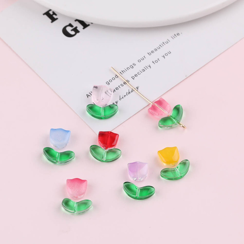 Colorful Transparent Gradient Tulip Flowers Leaves Glass Loose Beads Diy Handmade