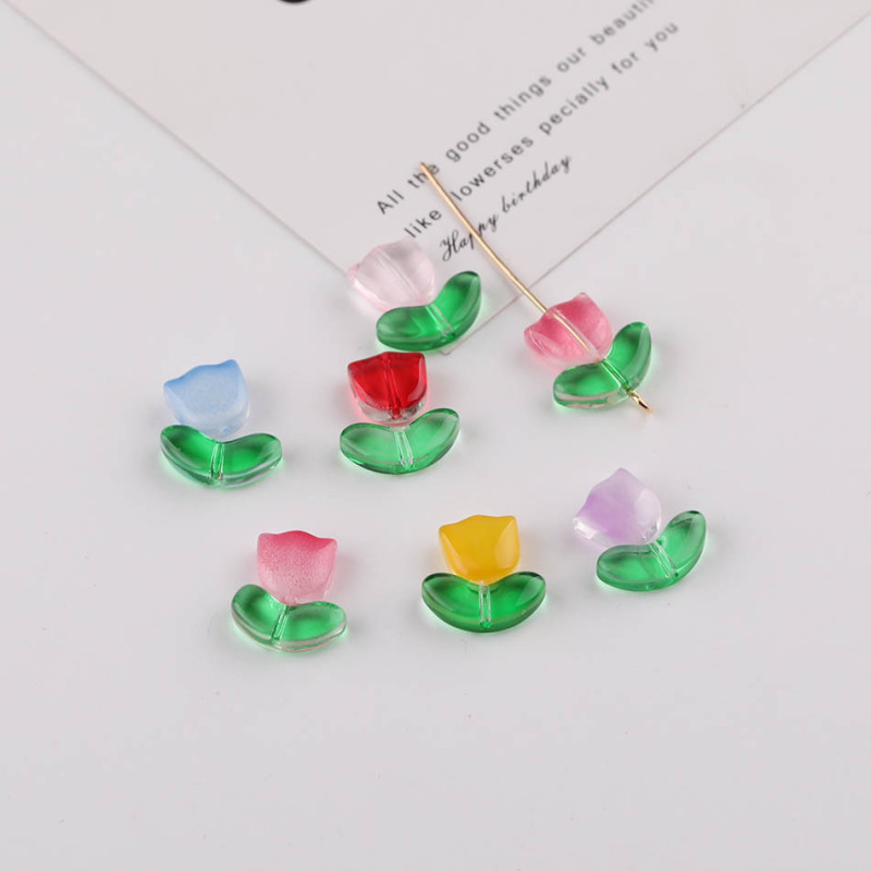 Colorful Transparent Gradient Tulip Flowers Leaves Glass Loose Beads Diy Handmade